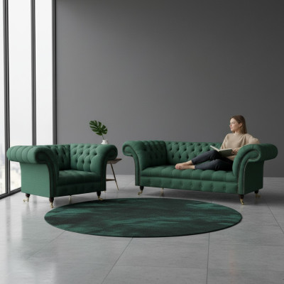 Luxury Living Room Complete Green Three-Seater Sofa Chesterfield Armchair New Set