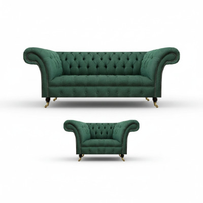 Luxury Living Room Complete Green Three-Seater Sofa Chesterfield Armchair New Set
