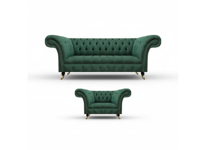 Luxury Living Room Complete Green Three-Seater Sofa Chesterfield Armchair New Set