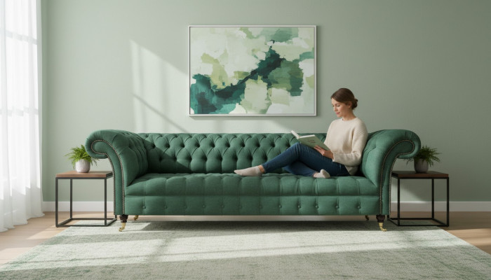 Upholstered Furniture Luxury Four-Seater Sofa Couch Green Living Room Chesterfield