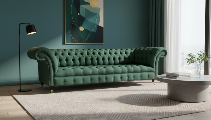 Upholstered Furniture Luxury Four-Seater Sofa Couch Green Living Room Chesterfield