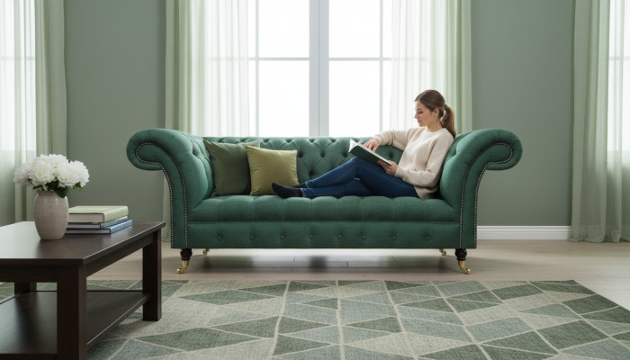 Luxury Three-Seater Sofa Couch Chesterfield Living Room Green Upholstered Seat New