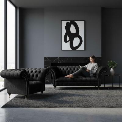 Black Complete Chesterfield Upholstered Seat Furniture Luxury Living Room