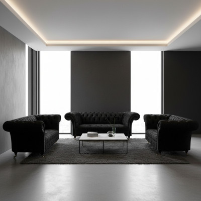 Luxury Black Complete Chesterfield Sofa Set Living Room Armchair New