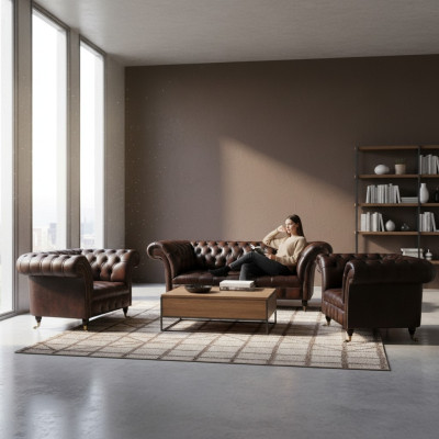 Luxury brown leather sofa set living room 2x armchairs three-seater couch Chesterfield