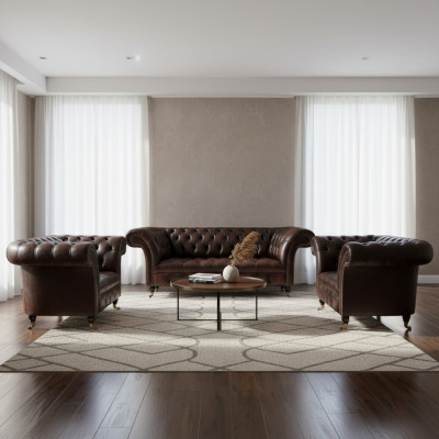 Luxury brown leather sofa set living room 2x armchairs three-seater couch Chesterfield