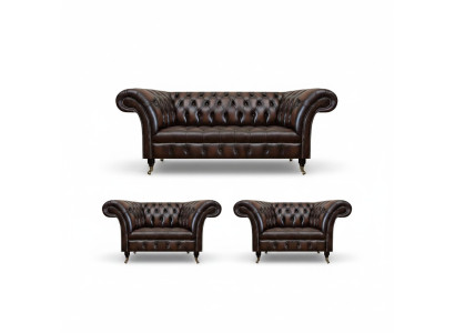 Luxury brown leather sofa set living room 2x armchairs three-seater couch Chesterfield