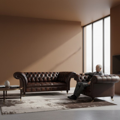 Living Room Set 2-Piece Three-Seater Sofa Couch Chesterfield Armchair New Upholstered Furniture