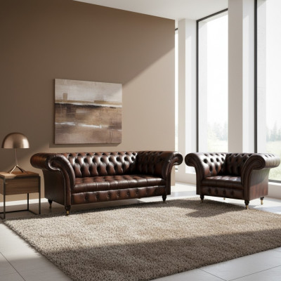 Living Room Set 2-Piece Three-Seater Sofa Couch Chesterfield Armchair New Upholstered Furniture