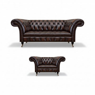 Living Room Set 2-Piece Three-Seater Sofa Couch Chesterfield Armchair New Upholstered Furniture
