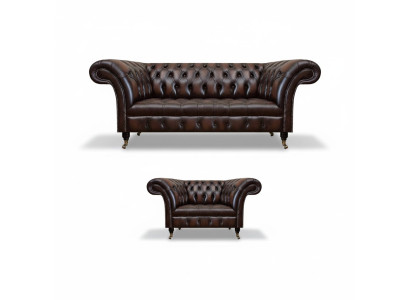 Living Room Set 2-Piece Three-Seater Sofa Couch Chesterfield Armchair New Upholstered Furniture