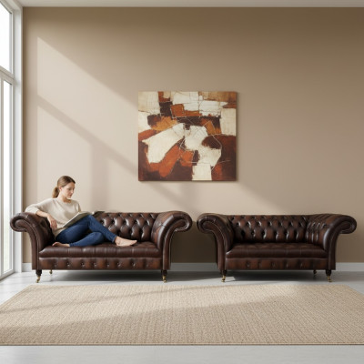 Chesterfield Brown Sofa Set Three-Seater Sofa Couch Two-Seater Living Room New