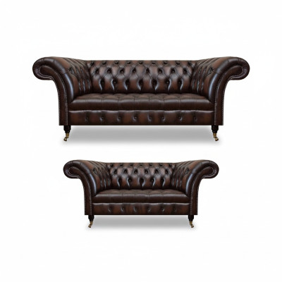 Chesterfield Brown Sofa Set Three-Seater Sofa Couch Two-Seater Living Room New