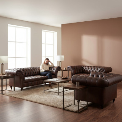 Chesterfield Leather Brown Living Room Upholstered Furniture Sofa Set Luxury Furnishing