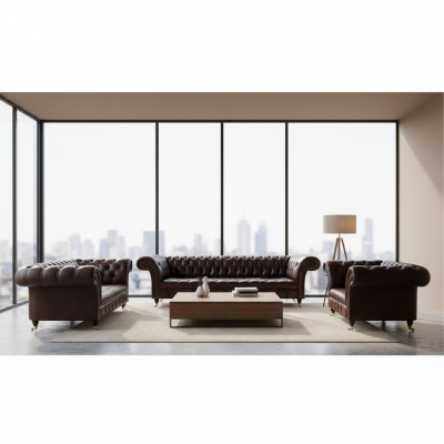 Chesterfield Leather Brown Living Room Upholstered Furniture Sofa Set Luxury Furnishing