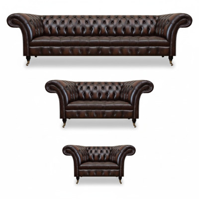 Chesterfield Leather Brown Living Room Upholstered Furniture Sofa Set Luxury Furnishing