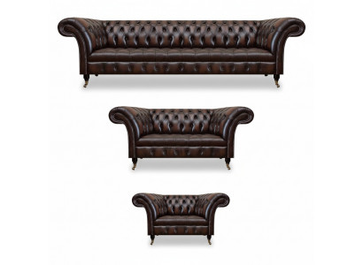 Chesterfield Leather Brown Living Room Upholstered Furniture Sofa Set Luxury Furnishing