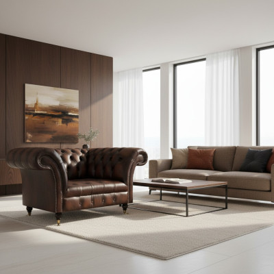 Luxury New Seat Living Room Brown Armchair Furniture Upholstery Chesterfield