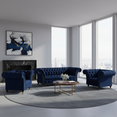 Living Room Set 3-Piece Chesterfield Blue Luxury Three-Seater Sofa 2x Armchairs New