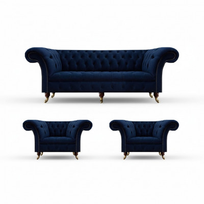 Living Room Set 3-Piece Chesterfield Blue Luxury Three-Seater Sofa 2x Armchairs New
