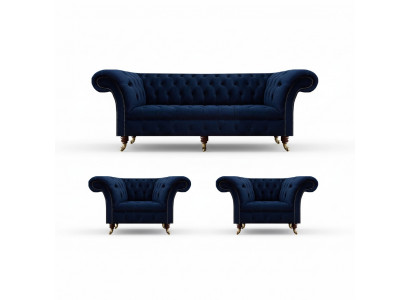 Living Room Set 3-Piece Chesterfield Blue Luxury Three-Seater Sofa 2x Armchairs New