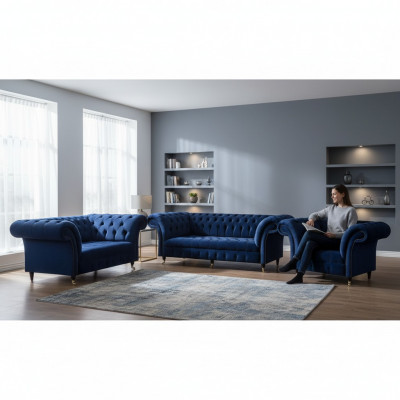 Living room 3-piece luxury complete sofas Chesterfield fabric furniture armchair