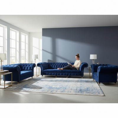 Living Room Set 3-piece Chesterfield Blue Textile Luxury Sofas Design Furniture
