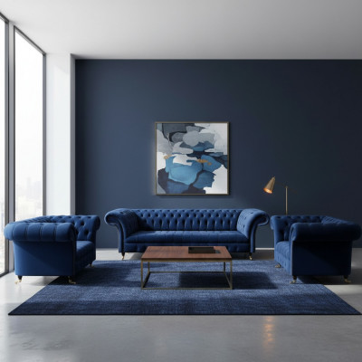 Living Room Set 3-piece Chesterfield Blue Textile Luxury Sofas Design Furniture