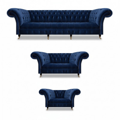 Living Room Set 3-piece Chesterfield Blue Textile Luxury Sofas Design Furniture