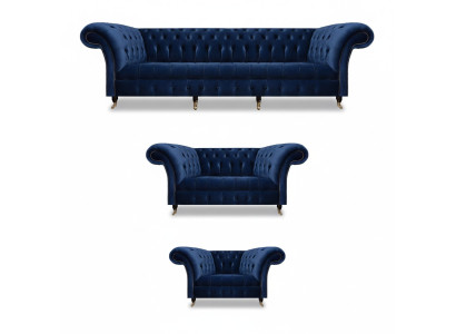 Living Room Set 3-piece Chesterfield Blue Textile Luxury Sofas Design Furniture