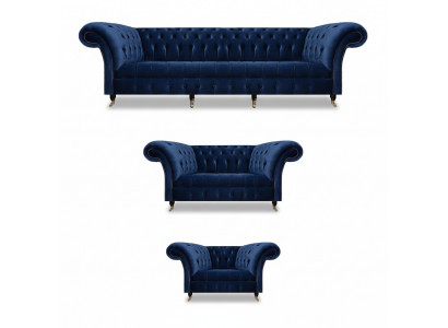 Living Room Set 3-piece Chesterfield Blue Textile Luxury Sofas Design Furniture