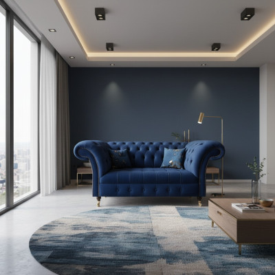 Sofa two-seater couch upholstered furniture Chesterfield textile blue design new