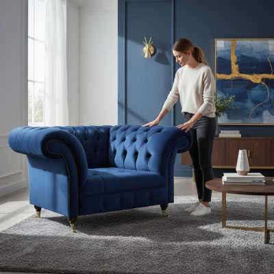 Luxury Blue Armchair Upholstered Seat Upholstered Furniture Living Room New Design Chesterfield