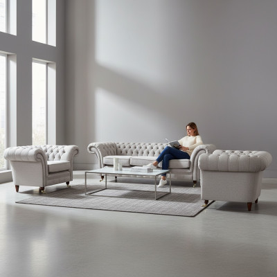 Luxury Furniture New Sofa Set Living Room Set 3-piece Gray Chesterfield