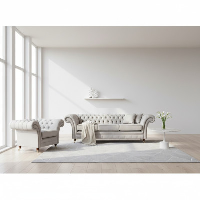 Gray Luxury Set Sofa Three-Seater Couch Chesterfield Armchair Living Room