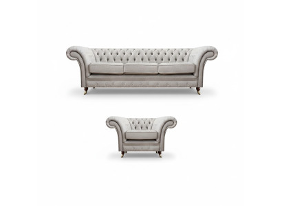 Gray Luxury Set Sofa Three-Seater Couch Chesterfield Armchair Living Room