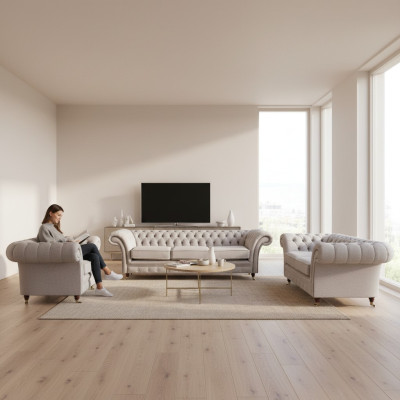 Living room sofas complete armchair luxury seating gray Chesterfield upholstered furniture