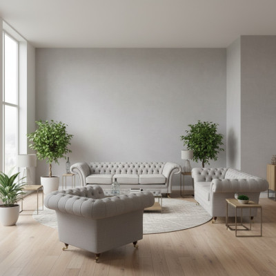 Living room sofas complete armchair luxury seating gray Chesterfield upholstered furniture