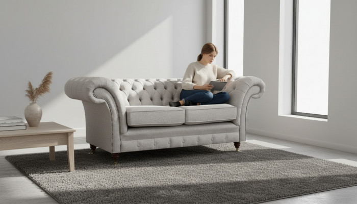 Upholstered Furniture Gray Two-Seater Sofa Couch Living Room Chesterfield