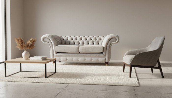 Upholstered Furniture Gray Two-Seater Sofa Couch Living Room Chesterfield