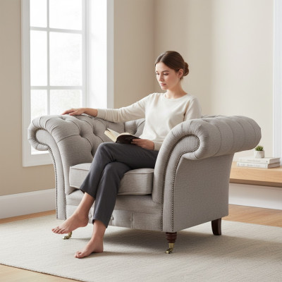 Living room luxury armchair upholstered furniture new gray fabric Chesterfield