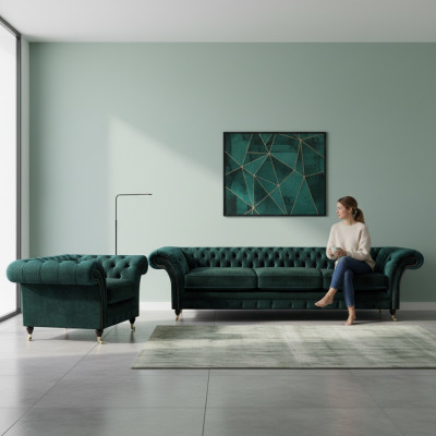 Luxury Complete Living Room Sofa Couch Three-Seater New Chesterfield Armchair