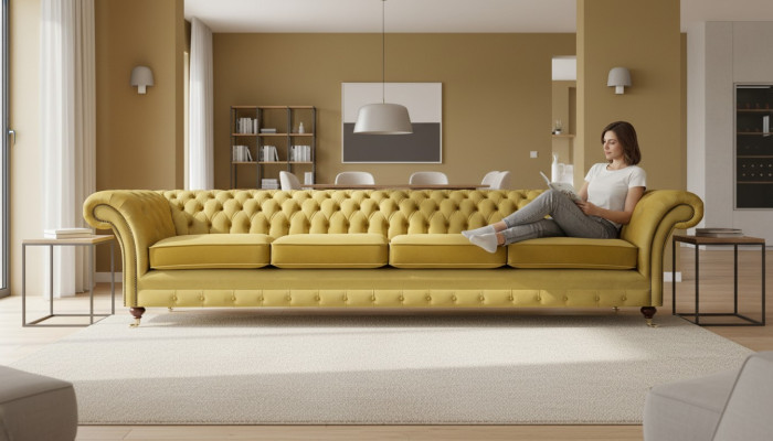 Living room yellow sofa four-seater couch Chesterfield upholstered seating furniture