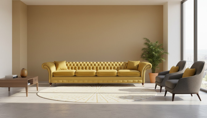 Living room yellow sofa four-seater couch Chesterfield upholstered seating furniture