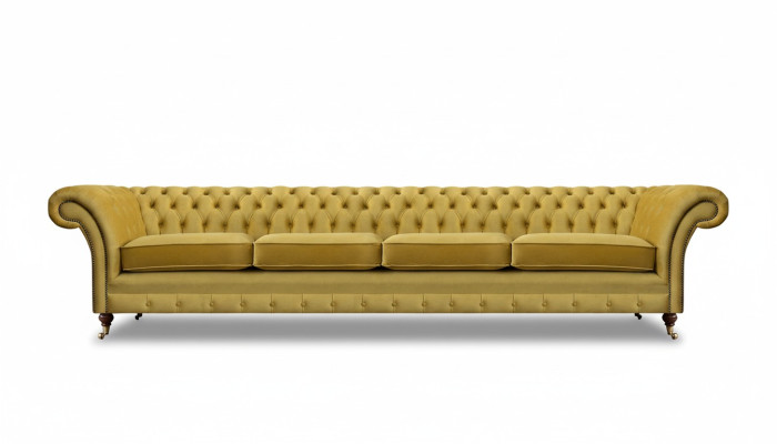 Living room yellow sofa four-seater couch Chesterfield upholstered seating furniture