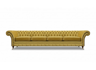 Living room yellow sofa four-seater couch Chesterfield upholstered seating furniture