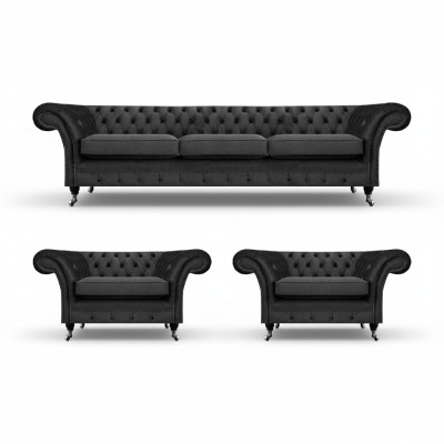 Chesterfield Black Upholstered Furniture Sofa Set 3pc Living Room 3+1+1