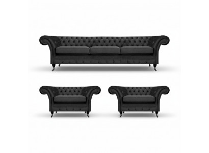 Chesterfield Black Upholstered Furniture Sofa Set 3pc Living Room 3+1+1