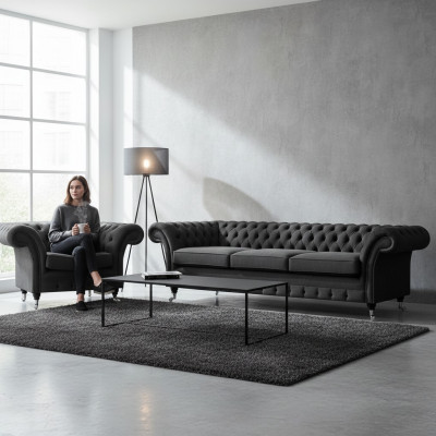 Living room upholstered furniture black three-seater sofa 3+1 armchair Chesterfield