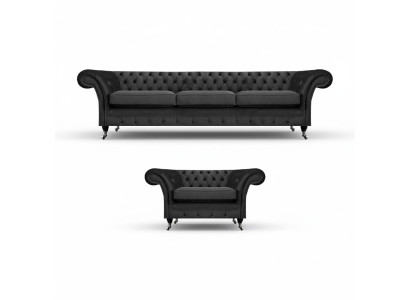 Living room upholstered furniture black three-seater sofa 3+1 armchair Chesterfield
